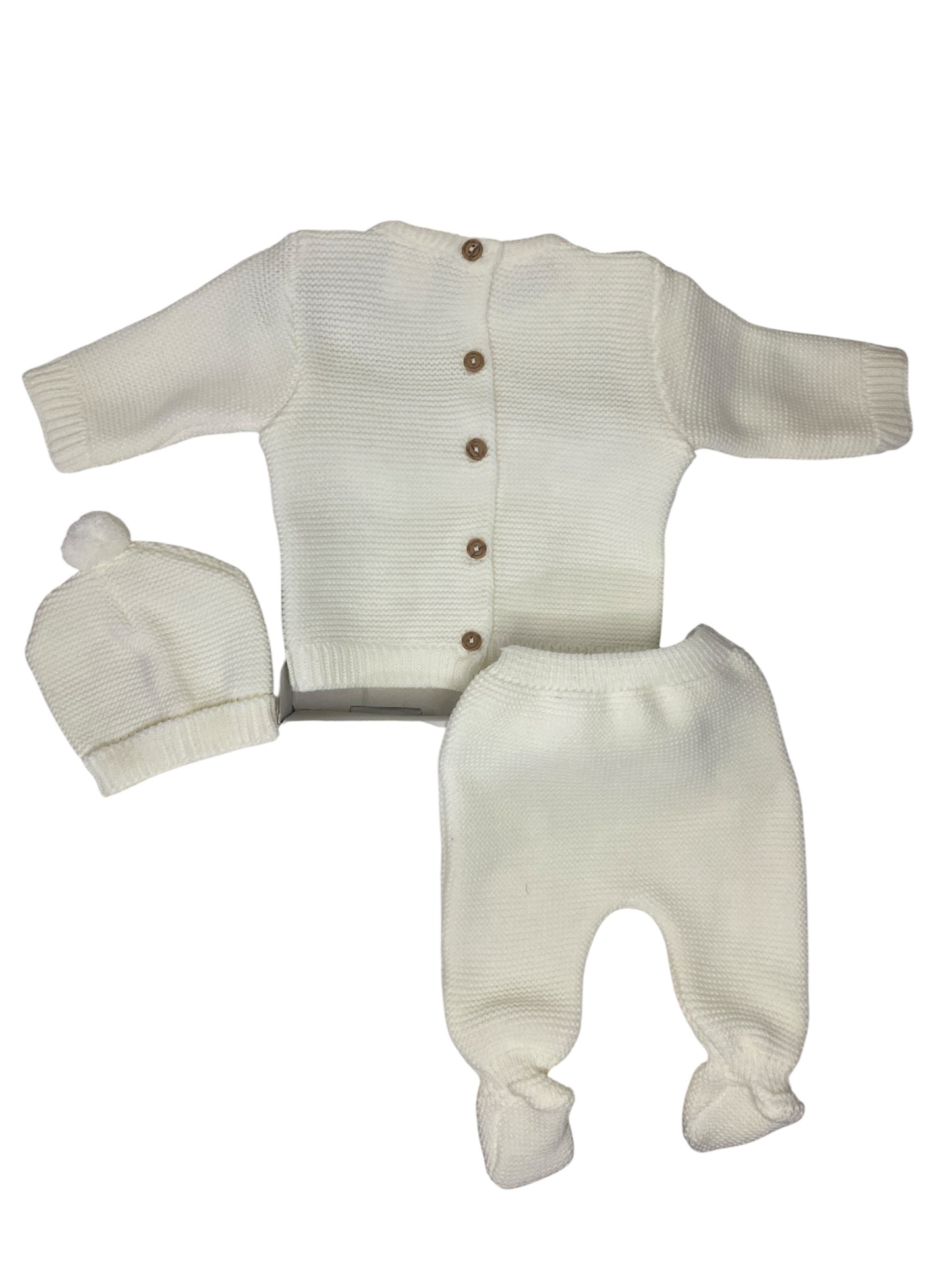 Toquilla con encaje más traje a juego. Beige. Recién nacido. Talla única. Invierno