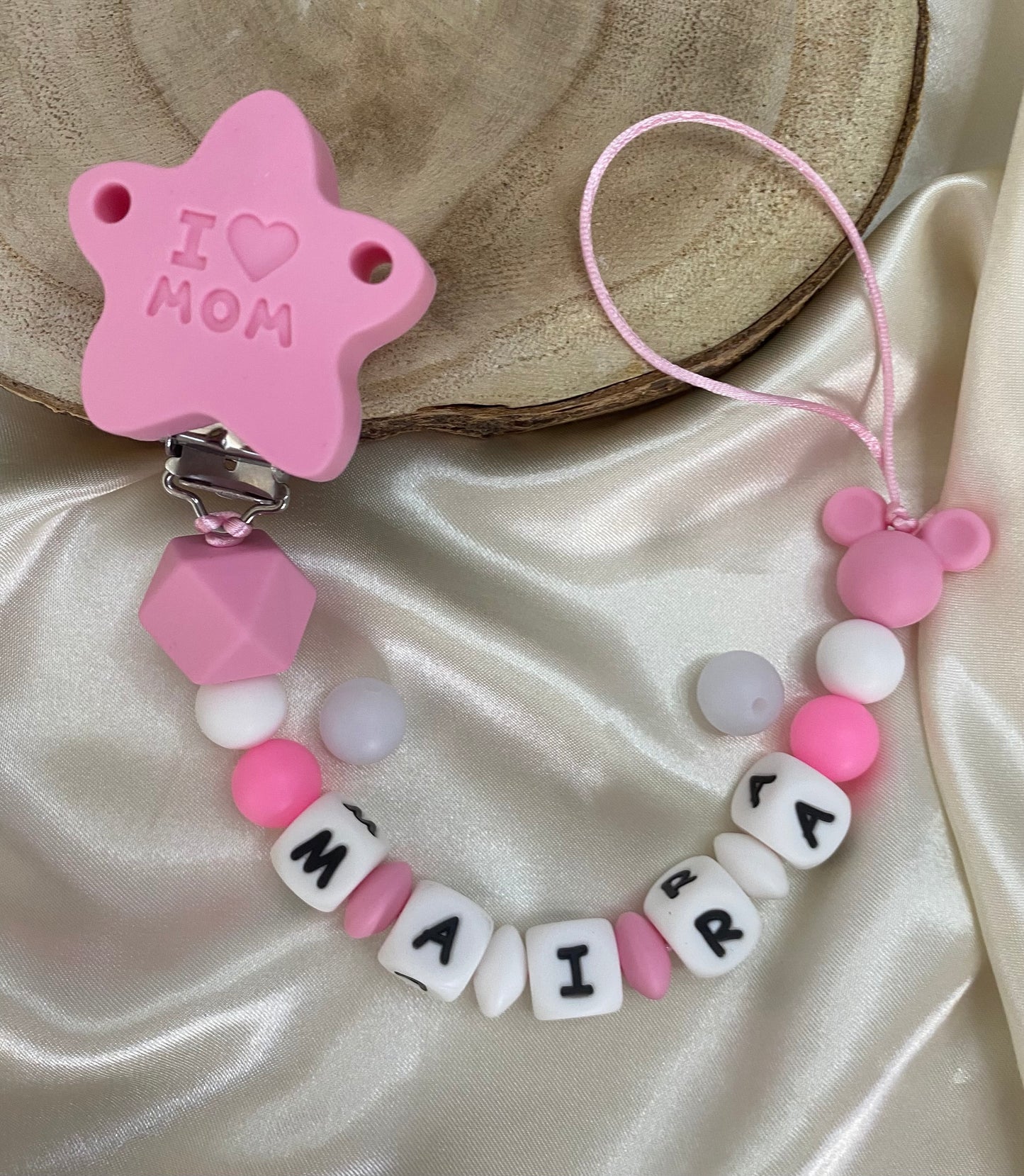 CHUPETERO ESTRELLITA I LOVE MOM Y CABEZA DE RATÓN CON BOLAS LUMINOSAS EN ROSA Y BLANCO