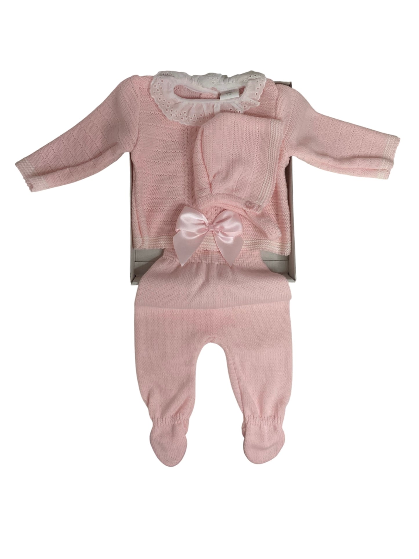 Conjunto de Bebé de Punto, 3 Piezas, Rosa, con Lazo de Satén y Detalles de Encaje. Bebé niña, recién nacida, primera puesta. Talla única.