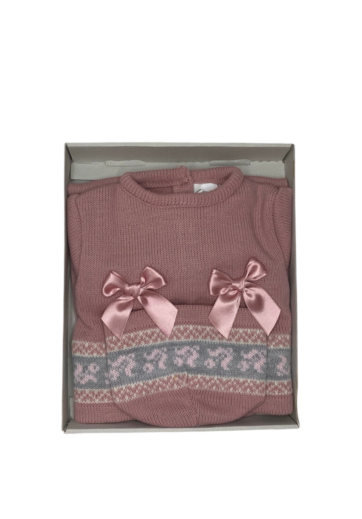 Conjunto de Bebé de 3 Piezas, Suéter con Lazos, Pantalón y Gorro, Rosa Pálido con Diseño Fair Isle, Tejido de Punto. Talla única. Primera puesta. Bebé niña recién nacida.