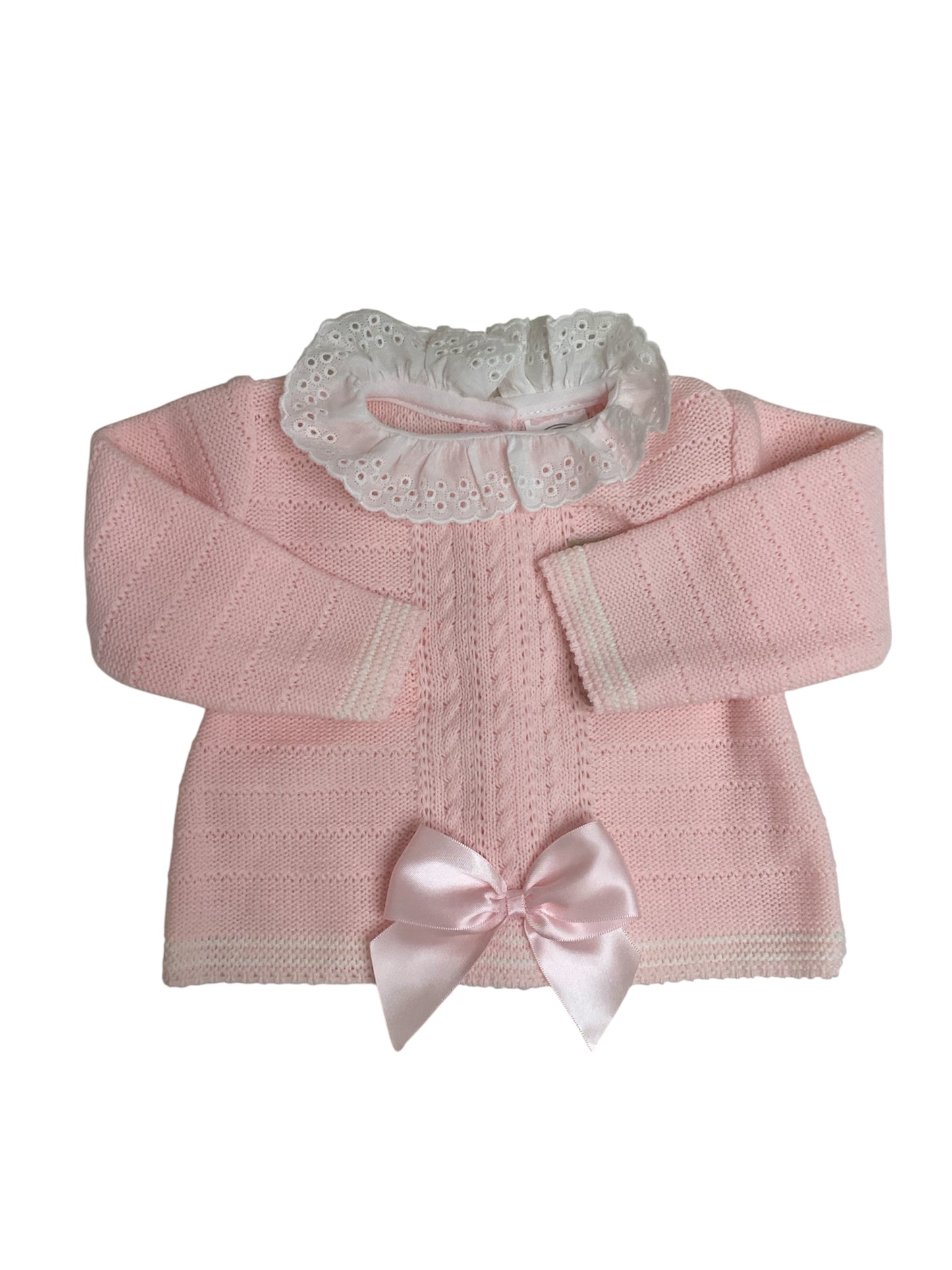 Conjunto de Bebé de Punto, 3 Piezas, Rosa, con Lazo de Satén y Detalles de Encaje. Bebé niña, recién nacida, primera puesta. Talla única.
