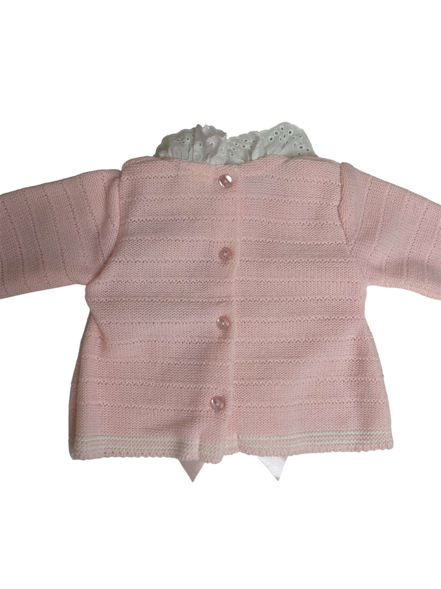 Conjunto de Bebé de Punto, 3 Piezas, Rosa, con Lazo de Satén y Detalles de Encaje. Bebé niña, recién nacida, primera puesta. Talla única.