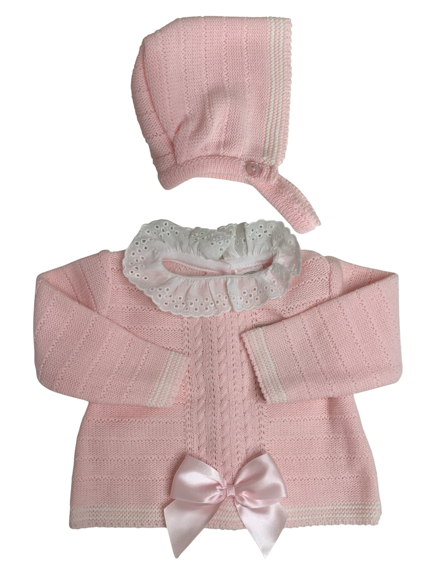 Conjunto de Bebé de Punto, 3 Piezas, Rosa, con Lazo de Satén y Detalles de Encaje. Bebé niña, recién nacida, primera puesta. Talla única.