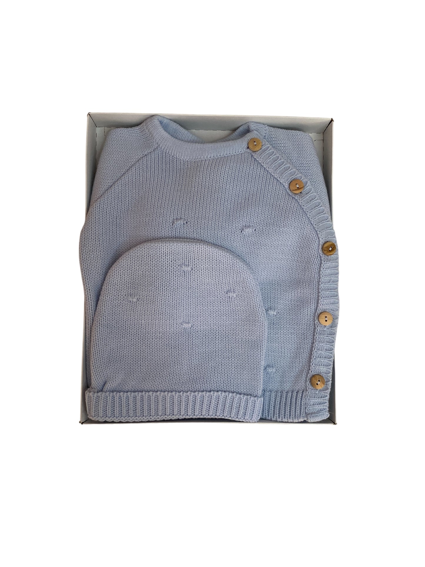Conjunto de tres piezas Invierno. Recién nacido. Color Azul celeste. Unisex. Botones