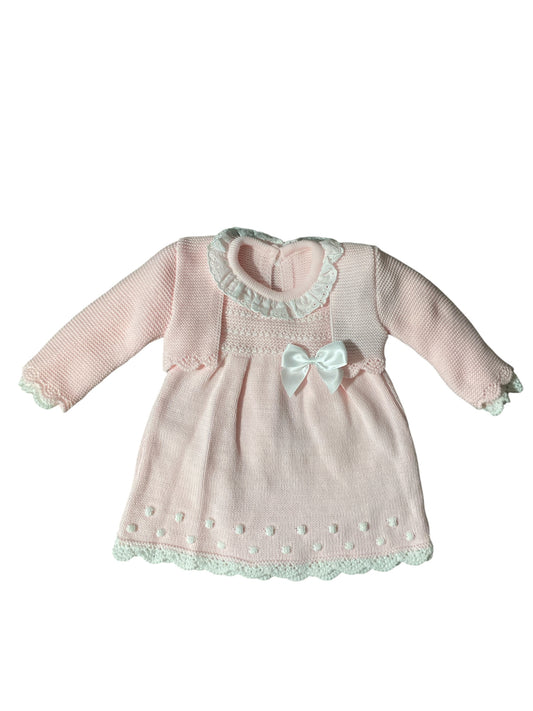 VESTIDO DE LANA MÁS REBECA  PARA BEBÉ NIÑA TALLA 3M 6M 12M. CUELLO CON VOLANTES Y DETALLE DE LAZO.