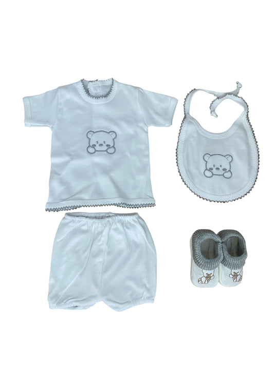 CONJUNTO PARA BEBÉ MANGA CORTA OSITO TRES PIEZAS, TALLA ÚNICA.