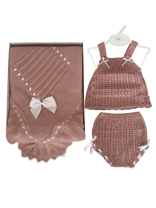 Toquilla lazo blanco más Conjunto de tirantes talla 3meses. Rosa empolvado. Verano.