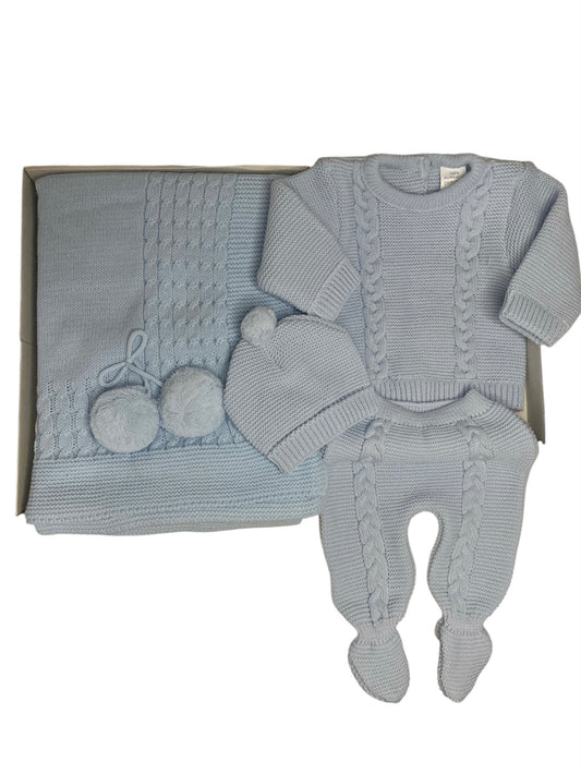 Toquilla con Pompón más traje a juego. Azul Celeste. Recién nacido. Talla única. Invierno