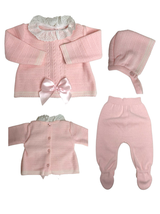 Conjunto de Bebé de Punto, 3 Piezas, Rosa, con Lazo de Satén y Detalles de Encaje. Bebé niña, recién nacida, primera puesta. Talla única.